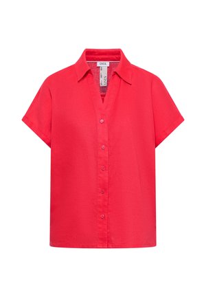 Chemise en lin rouge à manches courtes avec boutons sur le devant et col, présentée à plat sur fond blanc.