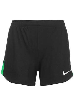 Czarne krótkie spodenki sportowe z zielonymi panelami po bokach i białym logo Nike w dolnej części prawej nogawki, z elastyczną talią.