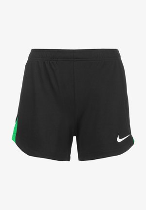Czarne krótkie spodenki sportowe z zielonymi panelami po bokach i białym logo Nike w dolnej części prawej nogawki, z elastyczną talią.