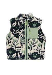 Gilet en polaire avec motif floral vert et crème. Comprend une poche zippée verte et une fermeture éclair avant avec des accents néon.