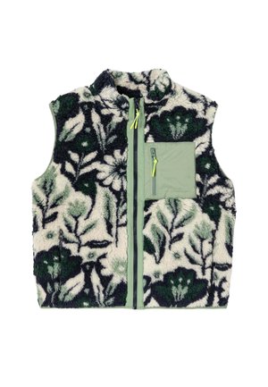 Gilet en polaire avec motif floral vert et crème. Comprend une poche zippée verte et une fermeture éclair avant avec des accents néon.