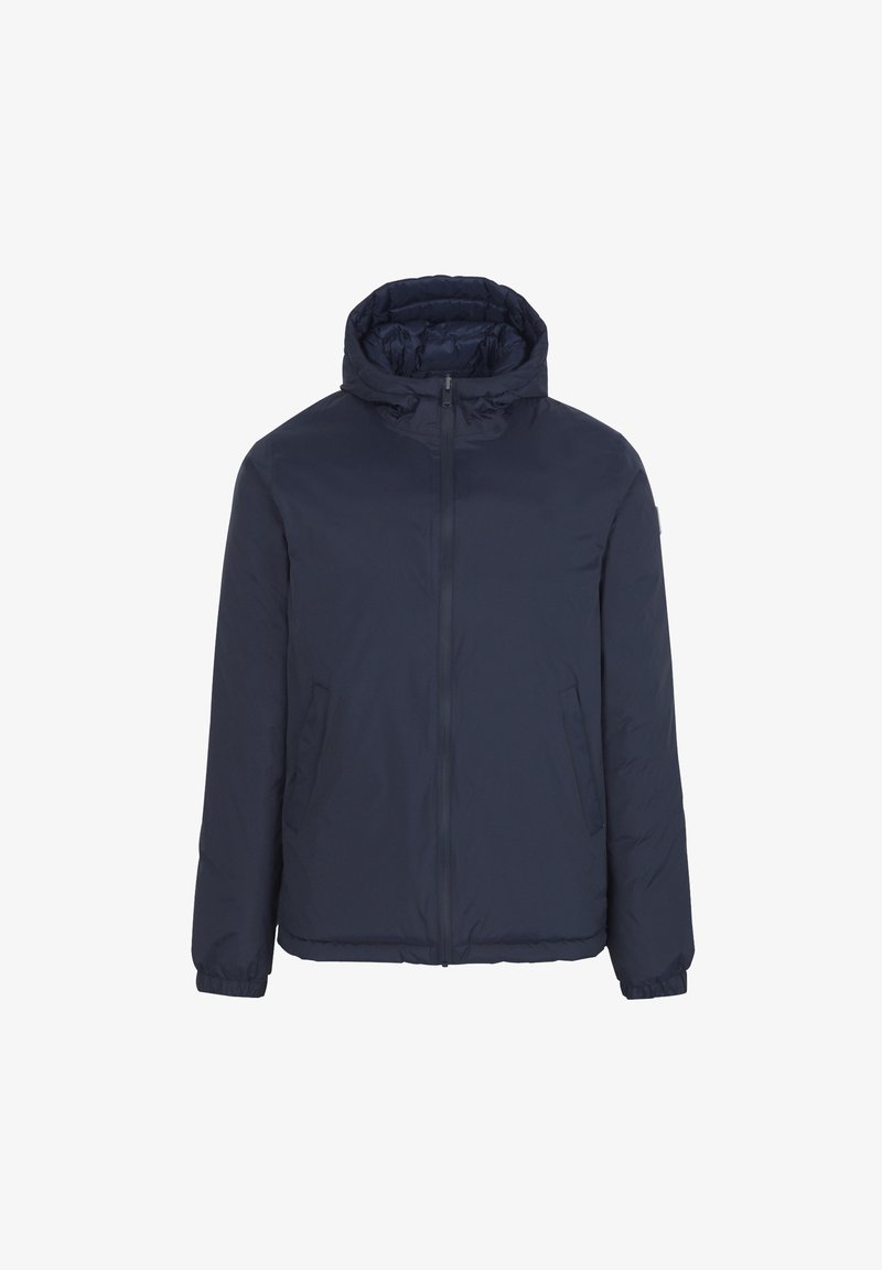 Giacca a vento blu navy con cappuccio, zip anteriore e polsini elasticizzati. Progettata con due tasche laterali e una texture liscia e trapuntata.