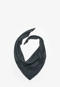 Dark grey triangular scarf made of soft, textured fabric with two elongated ends, designed to be versatile for wrap styling.