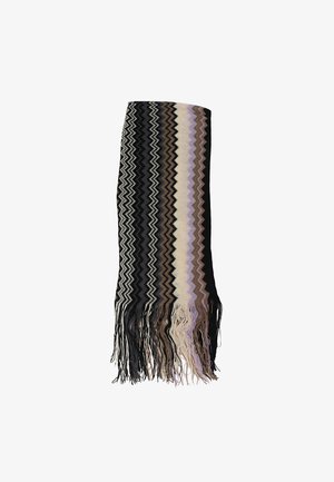 Sciarpa con motivo zigzag in bianco e nero, con estremità frangiate, realizzata in tessuto morbido e caratterizzata da un effetto gradiente che va dal nero a un crema chiaro.