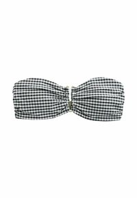 Zwart-wit geruite bandeau bikini top met gathered stof, goudkleurige hardware in het midden en een gladde textuur.
