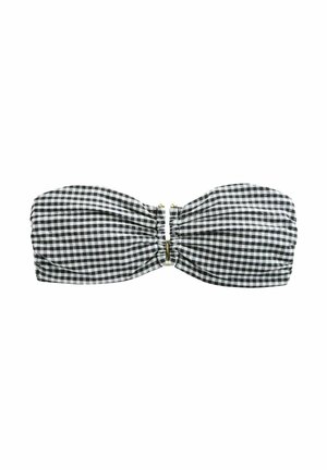 Bikini top i sort-hvidt gingham med samlet stof, guldfarvet hardware i midten og glat tekstur.