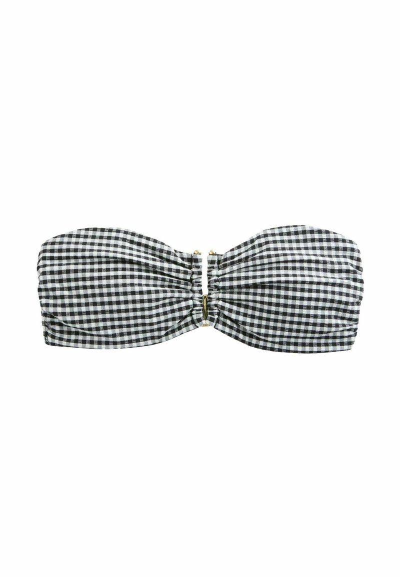 Bandeau bikinijani vrh u crno-bijelim kockicama s nabranim materijalom, zlatnim detaljima na sredini i glatkom teksturom.