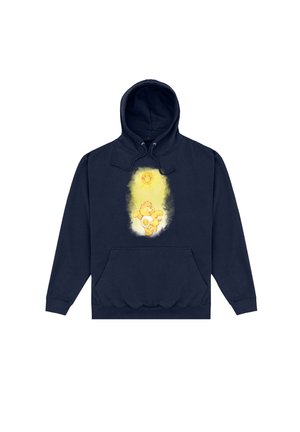 Granatowy sweatshirt z kapturem, wyposażony w kieszeń z przodu oraz grafikę przedstawiającą uśmiechnięte słońce i rysunkowego misia na jasnym żółtym tle.