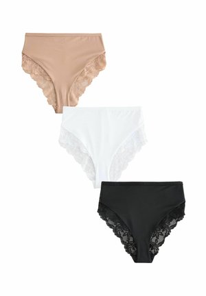 Hoge taille slipjes in beige, wit en zwart; elk met een gegolfde kantafwerking langs de randen en een gladde stof.