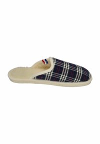Navy and white plaid slipper with a soft cream lining, open back design, and subtle red, white, and blue accent at the opening.