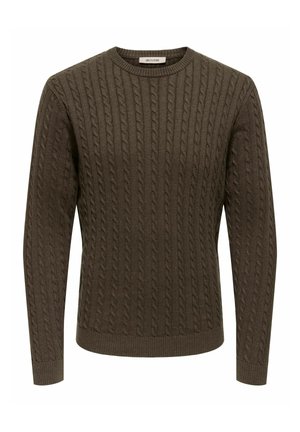 Donkergroene gebreide trui met ribbelstructuur en kabelpatroon, met een ronde halslijn en lange mouwen.