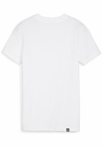 T-shirt bianco a maniche corte con scollo rotondo, realizzato in tessuto morbido. Presenta un piccolo tag con logo nero in basso a sinistra.