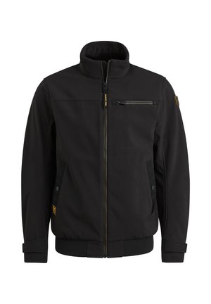 Chaqueta negra con cremallera y cuello alto, bolsillo con cremallera en el pecho, bolsillos laterales con botones de presión y parche con logo en la manga izquierda y cerca de la cintura.