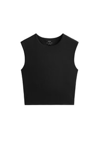 Top corto senza maniche di colore nero con scollatura rotonda, realizzato in tessuto liscio ed elasticizzato. Design semplice; nessun motivo o dettaglio visibile.