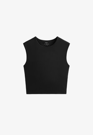 Black sleeveless crop top with a round neckline, made from smooth, stretchy fabric. Simple design; no visible patterns or accents.