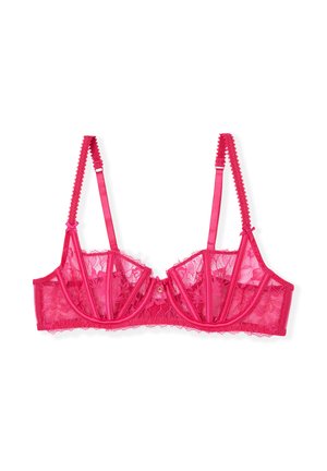 Rosa Spitze-BH mit strukturiertem Design, vertikalen Nähten, gewellten Kanten und verstellbaren Trägern. Enthält einen kleinen Verschluss vorne.