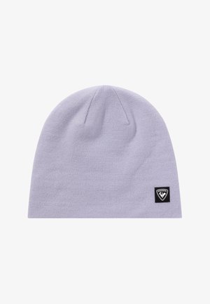 Lichtpaarse gebreide muts met een klein zwart-wit Rossignol logo patch op de onderrand.