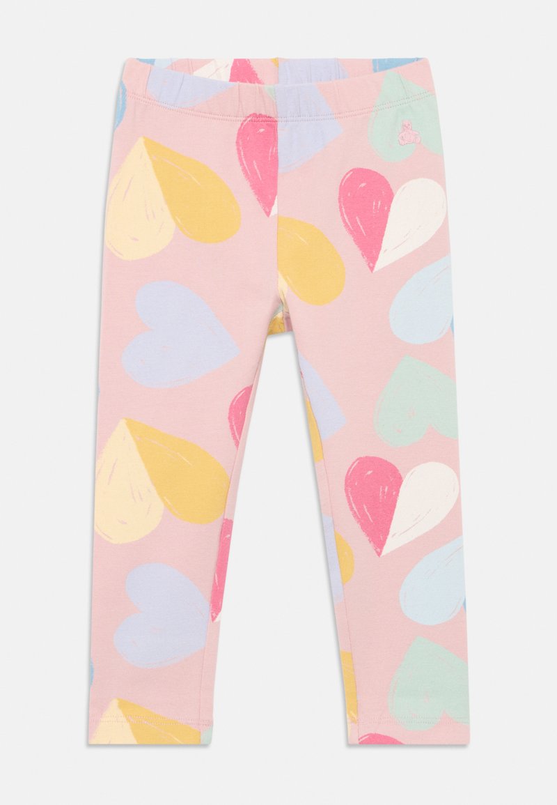 Leggings cor-de-rosa feitos de algodão macio, apresentando um padrão de corações multicoloridos em tons de rosa, amarelo, azul e verde. Detalhe de cintura elástica.