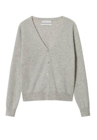 Jasnoszary kardigan z dekoltem w serek, długimi rękawami i pięcioma guzikami z przodu. Wykonany z miękkiej, fakturowanej tkaniny z prążkowanymi mankietami i dolnym brzegiem.
