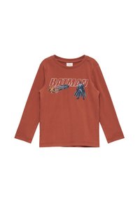 Oranje katoenen t-shirt met lange mouwen, voorzien van een grafische afdruk van Batman en een voertuig. Ronde halslijn met gestikte randen.