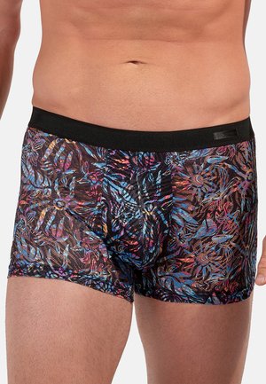 Boxer en dentelle noire avec un motif floral coloré en bleu, rose et violet. Ceinture élastique pour un maintien sûr.