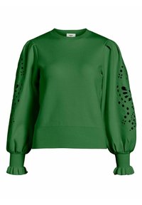 Pull-over vert à manches bouffantes, avec des découpes sur les manches et des poignets et un ourlet côtelés. Confectionné en tissu lisse.