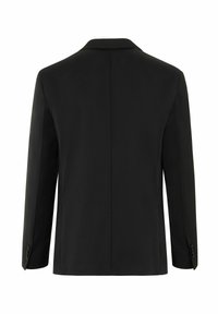 Schwarzer Blazer mit klassischem Design, ausgestattet mit einem notched Revers, einem einzelnen Rückenschlitz und geknöpften Manschetten. Glatte Textur und maßgeschneiderte Form.