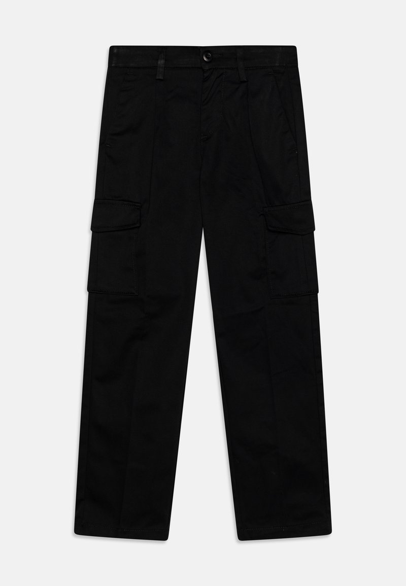 Pantalon cargo noir en tissu résistant, comportant deux poches latérales, une coupe droite et une fermeture à bouton à la taille.