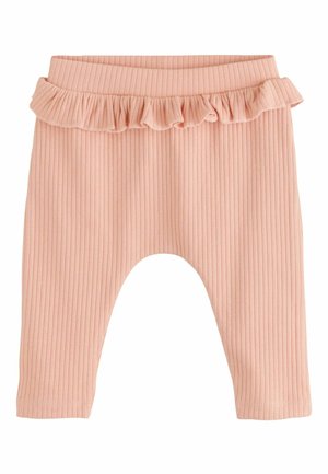 Helle rosa gerippte Leggings mit einem ausladenden Rüsche am Bund. Weicher Stoff und schmale Beine, designed für Komfort und Bewegungsfreiheit.