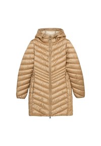 Beige gewatteerde jas met een capuchon, voorzien van een ritssluiting en chevron-quilting. Lichtgewicht materiaal met lange mouwen en een ontspannen pasvorm.