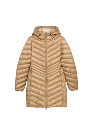 Manteau beige rembourré avec capuche, doté d'une fermeture éclair et de piqûres en chevrons. Matériau léger avec des manches longues et une coupe décontractée.