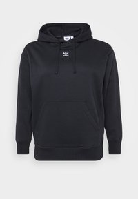 Černá mikina s kapucí vyrobená z bavlněné směsi, disponující přední kapsou, žebrovanými manžetami a malým bílým logem na hrudi.