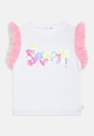 White toddler shirt with pink ruffle sleeves and colorful sequined "SWEETY" text embellished with a crown and heart.