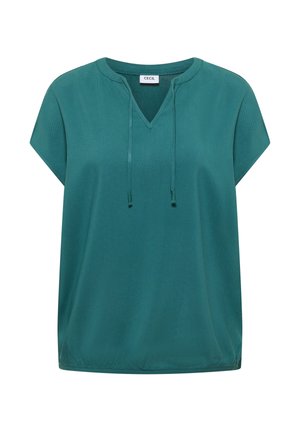 Turchese korte mouw blouse met een V-hals en trekkoorden, elastische zoom en subtiel gestructureerde stof.