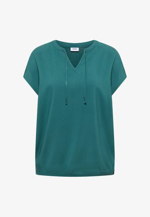 Turchese korte mouw blouse met een V-hals en trekkoorden, elastische zoom en subtiel gestructureerde stof.
