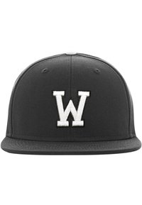 Black baseball cap made of fabric with a flat brim and an embroidered white "W" on the front. Features stitching and ventilation holes.