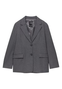Blazer grigio a righe con colletto a reversal, due tasche frontali e chiusura a un bottone. Texture liscia e design su misura.