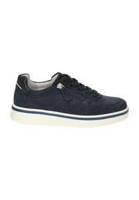 Navy suede sneaker with lace-up design, white textured sole, side zipper detail, and contrasting rubber stripe along the sole.