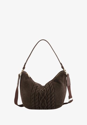 Sac à main en tricot brun avec un motif en torsade, doté d'une fermeture éclair, d'une bandoulière ajustable et d'accents en métal doré. Texture douce.