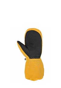 Gelbe Handschuh mit schwarzer Handfläche, hergestellt aus strukturiertem Stoff. Verfügt über eine genähte Naht, einen Daumenbereich und ein elastisches Handgelenk für einen sicheren Sitz.