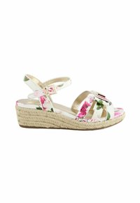 Sandali wedge bianchi con piattaforma in paglia, caratterizzati da un design a fascia incrociata e chiusura con fibbia, decorati con motivi floreali rosa e verdi.