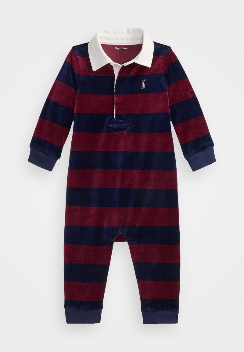 Juostuotas romperis, pagamintas iš minkštos medžiagos, su bordo ir tamsiai mėlynomis horizontaliomis juostelėmis, ilgomis rankovėmis, balta apykakle ir priekiniais užtrauktukais.