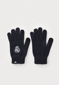 Marineblaue Strickhandschuhe mit schwarzen Fingerspitzen, versehen mit einem runden grauen Logo und einem schwarzen Akzent am Handgelenk. Hergestellt aus weichem, elastischem Stoff.