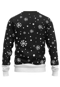 Schwarzer Pullover mit einem Muster aus weißen Schneeflocken und Punkten. Gerippter Kragen und Bündchen mit einem einfarbigen weißen Saum.