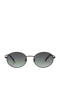 Ronde zonnebril met een zwart metalen frame, donkere gradientlenzen, heldere neuspads en zwarte acetaat tempels.