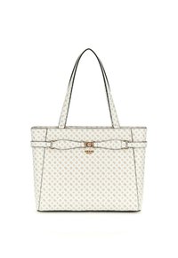Borsa tote realizzata in materiale bianco texturizzato con un motivo ripetuto. Presenta finiture nere, doppi manici e un'emblema dorata sul davanti.
