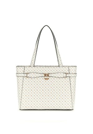 Borsa tote realizzata in materiale bianco texturizzato con un motivo ripetuto. Presenta finiture nere, doppi manici e un'emblema dorata sul davanti.