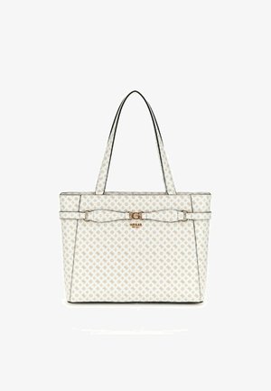 Borsa tote realizzata in materiale bianco texturizzato con un motivo ripetuto. Presenta finiture nere, doppi manici e un'emblema dorata sul davanti.