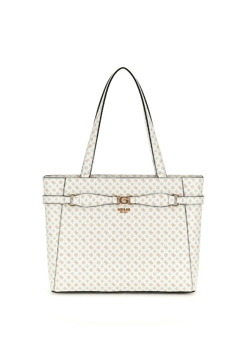 Borsa tote realizzata in materiale bianco texturizzato con un motivo ripetuto. Presenta finiture nere, doppi manici e un'emblema dorata sul davanti.