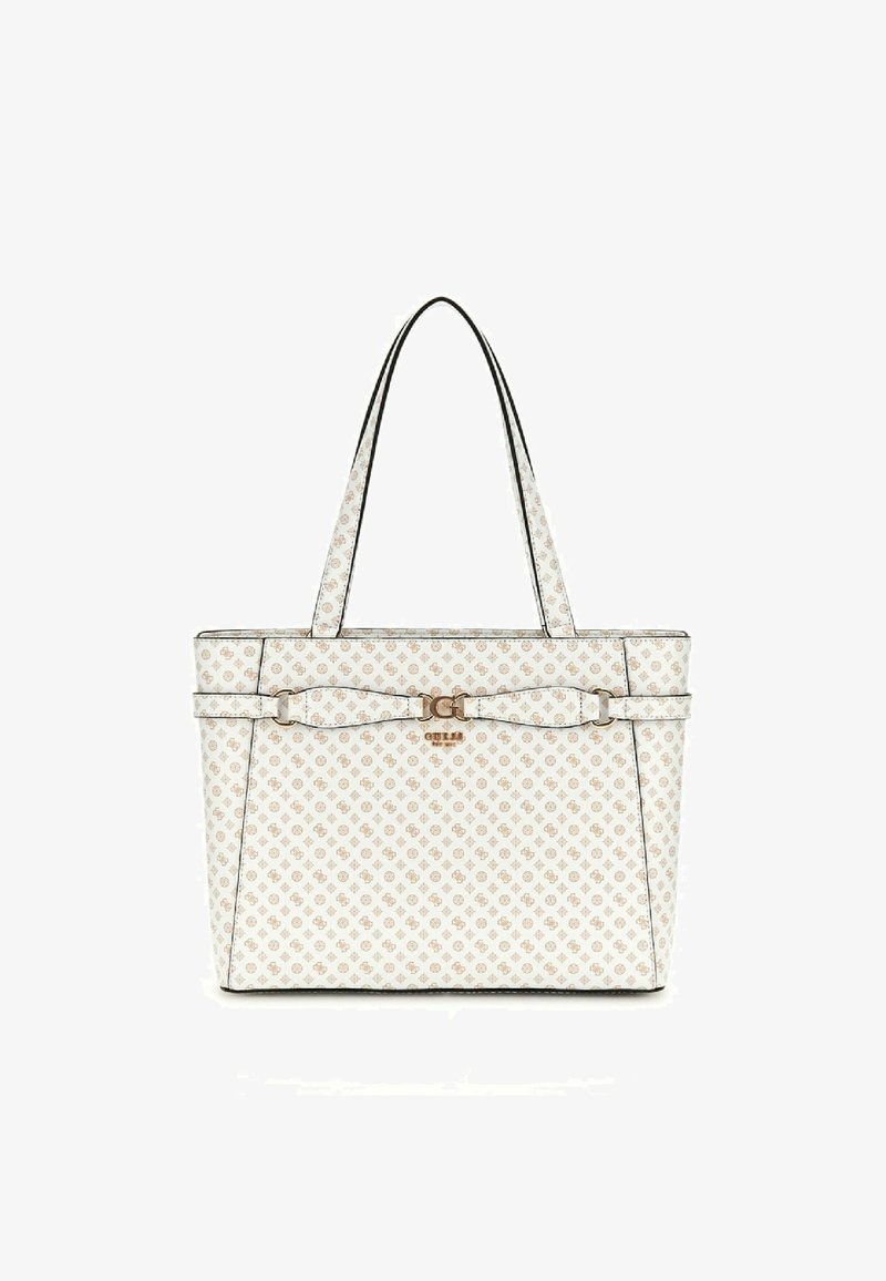 Borsa tote realizzata in materiale bianco texturizzato con un motivo ripetuto. Presenta finiture nere, doppi manici e un'emblema dorata sul davanti.